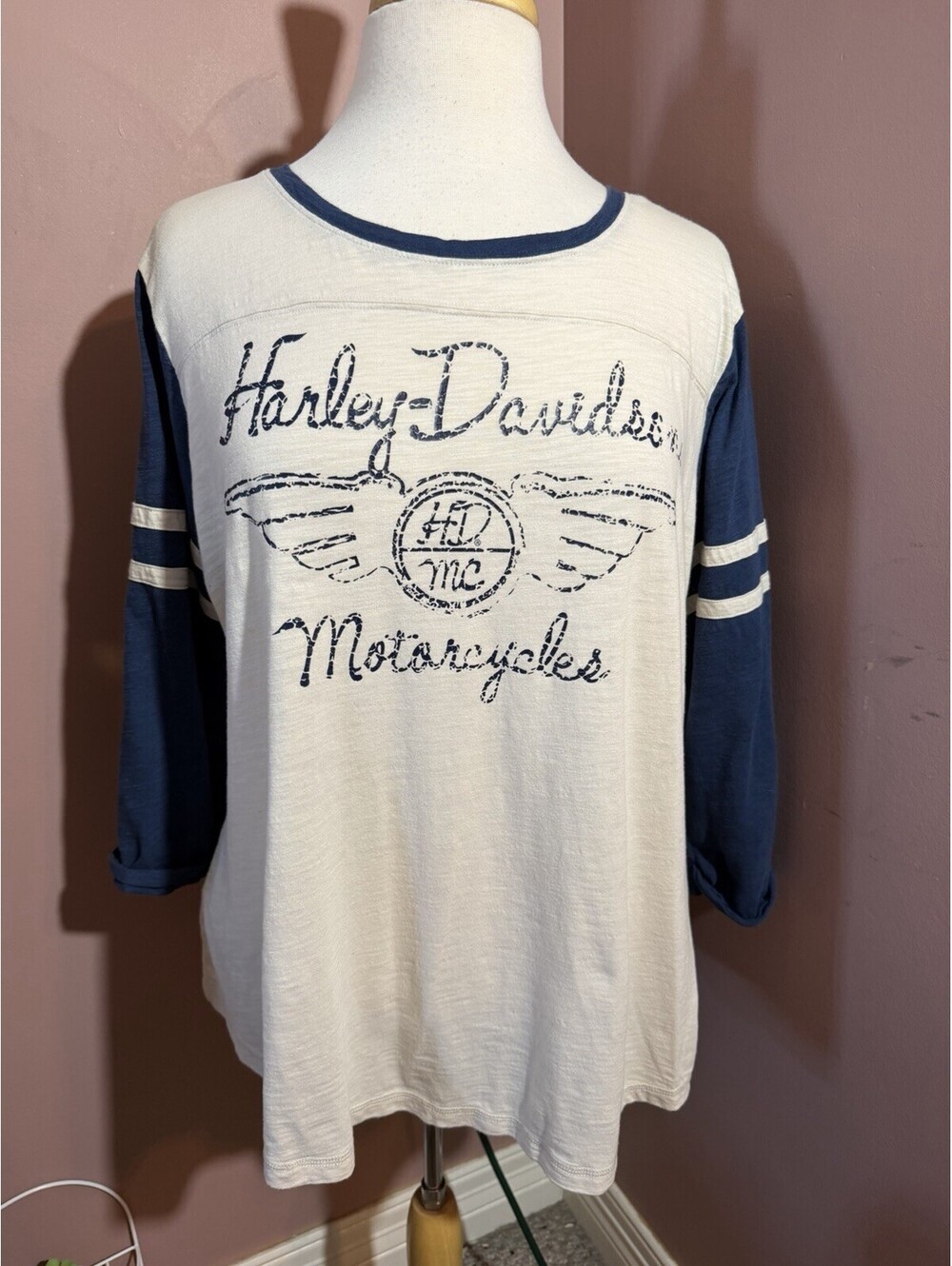 Harley Davidson 3/4 Raglan Sleeve T Shirt Womens 2XL Blue Cream